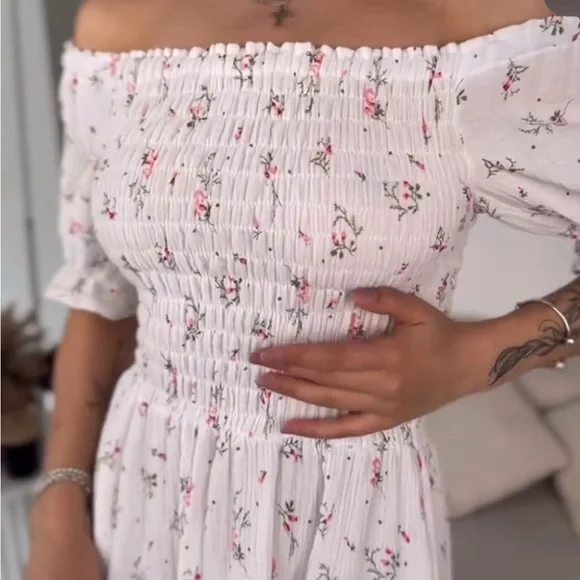 Gauze Cotton White Floral Dress - Picture 1 of 8